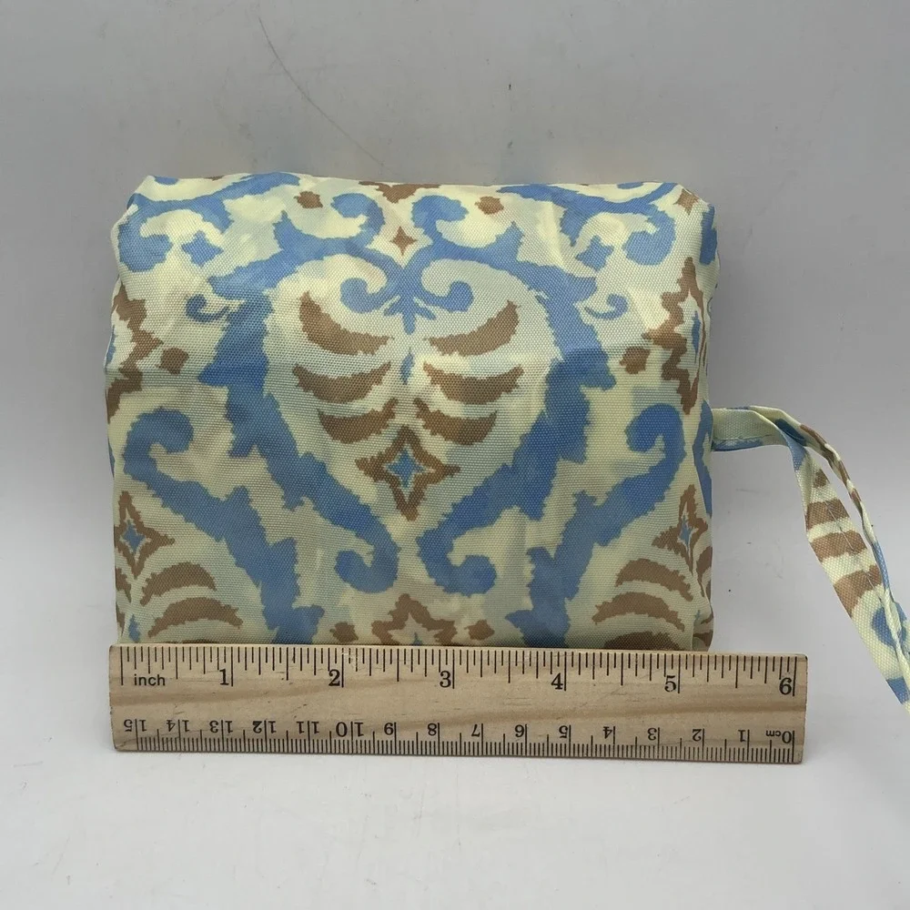 SACHI Insulated Foldable Market Tote Bag w/Matching Zip Pouch Blue Tan Damask